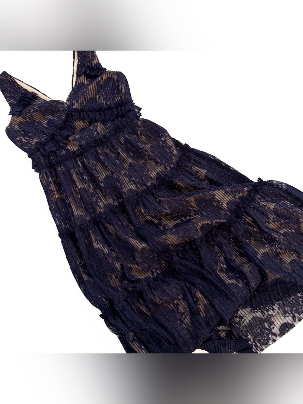 Maggy London Dress Womens 2 Petite Navy Blue Beige Lace Midi V Neck - Picture 2 of 10